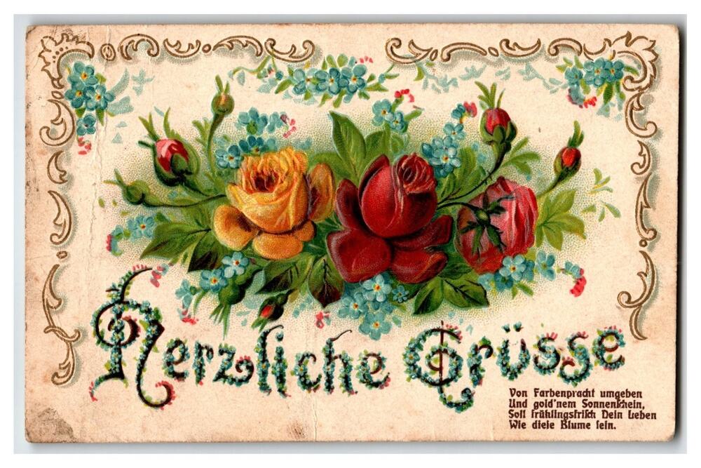 1906 Oelsnitz Germany Embossed Roses Floral "Herzliche Grüsse" Postcard